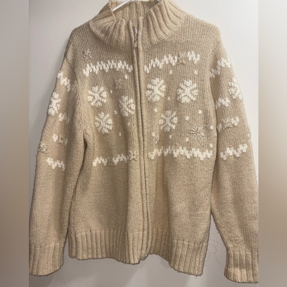 Beige Knitted Zip-Up Cardigan with Snowflake Pattern - Picture 1 of 2